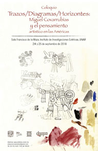 Cartel del Coloquio Trazos/Diagramas/Horizontes. 
    Miguel Covarrubias y el pensamiento artístico de las Américas. Instituto de Investigaciones Estéticas, 2018